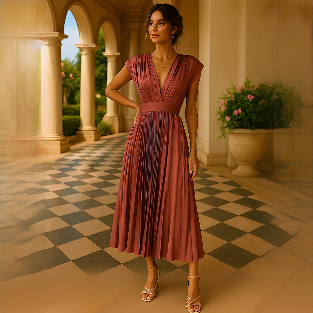 Elvira - Elegancka Midi Sukienka Plisowana z Dekoltem w Szpic