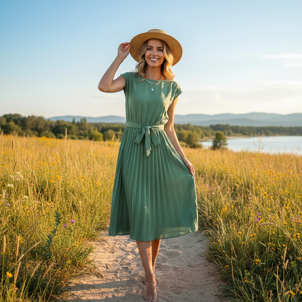 Jelica - Elegancka Plisowana Sukienka Midi