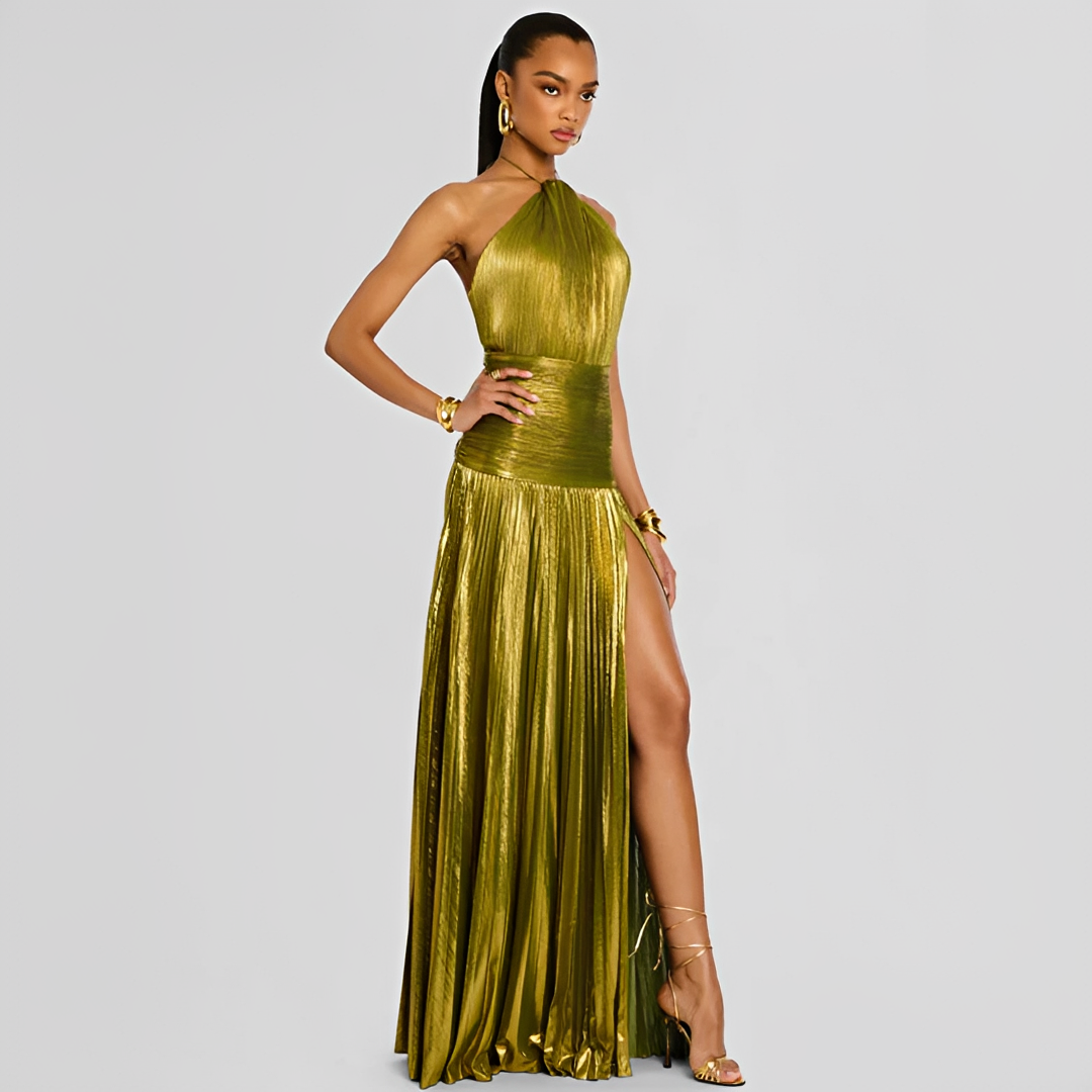 Naira - Elegancka Plisowana Sukienka z Rozcięciem