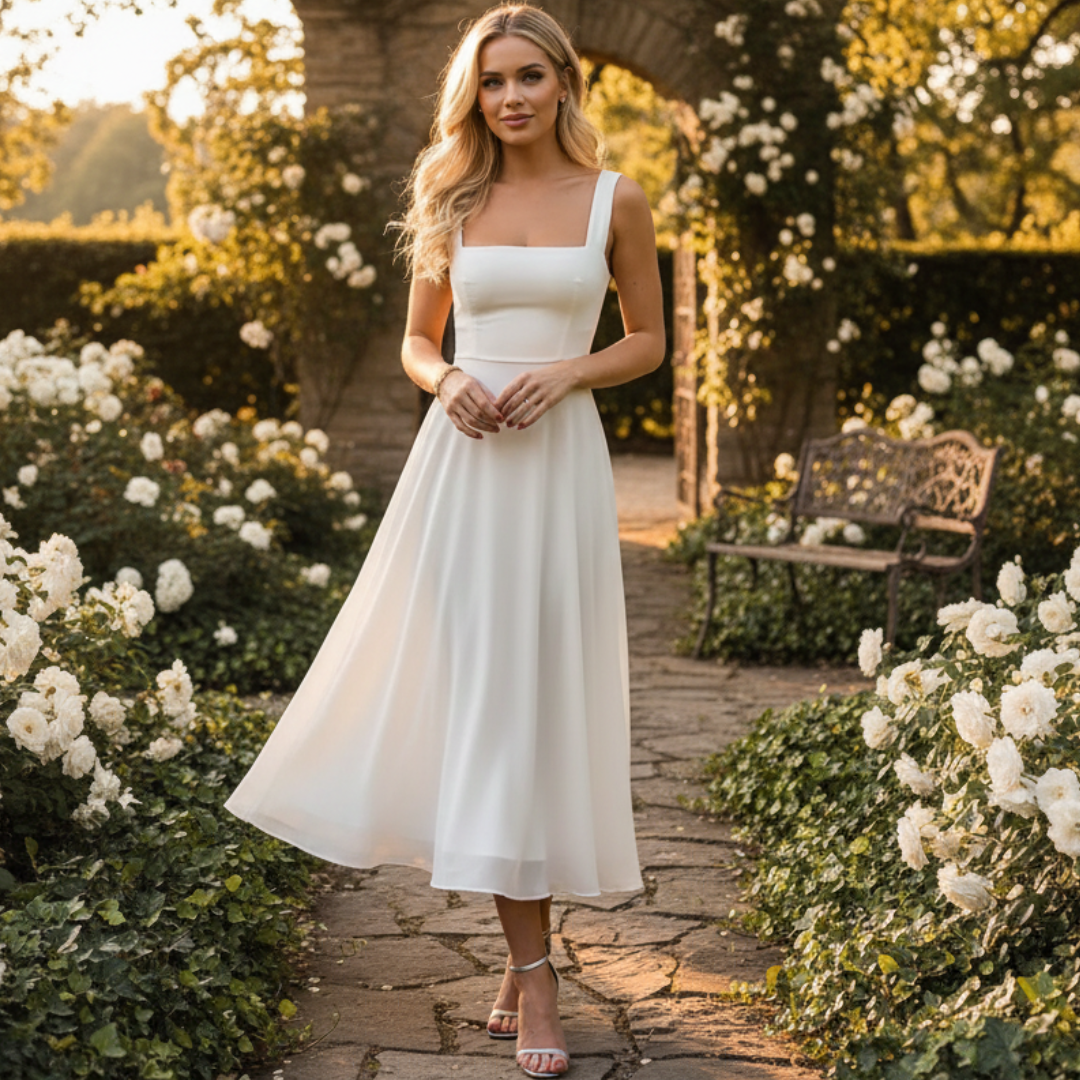 Daniela - Elegancka Midi Sukienka z Kwadratowym Dekoltem