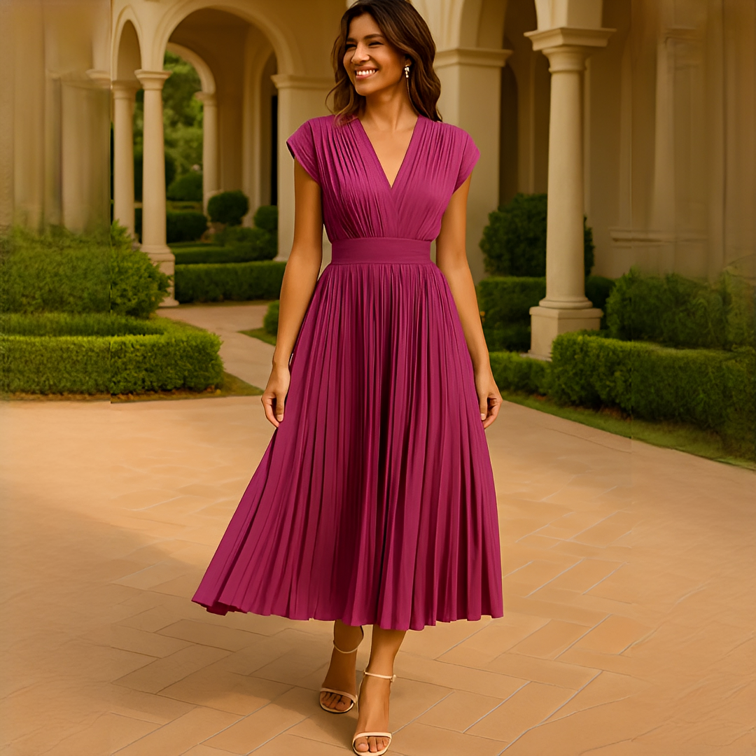 Elvira - Elegancka Midi Sukienka Plisowana z Dekoltem w Szpic