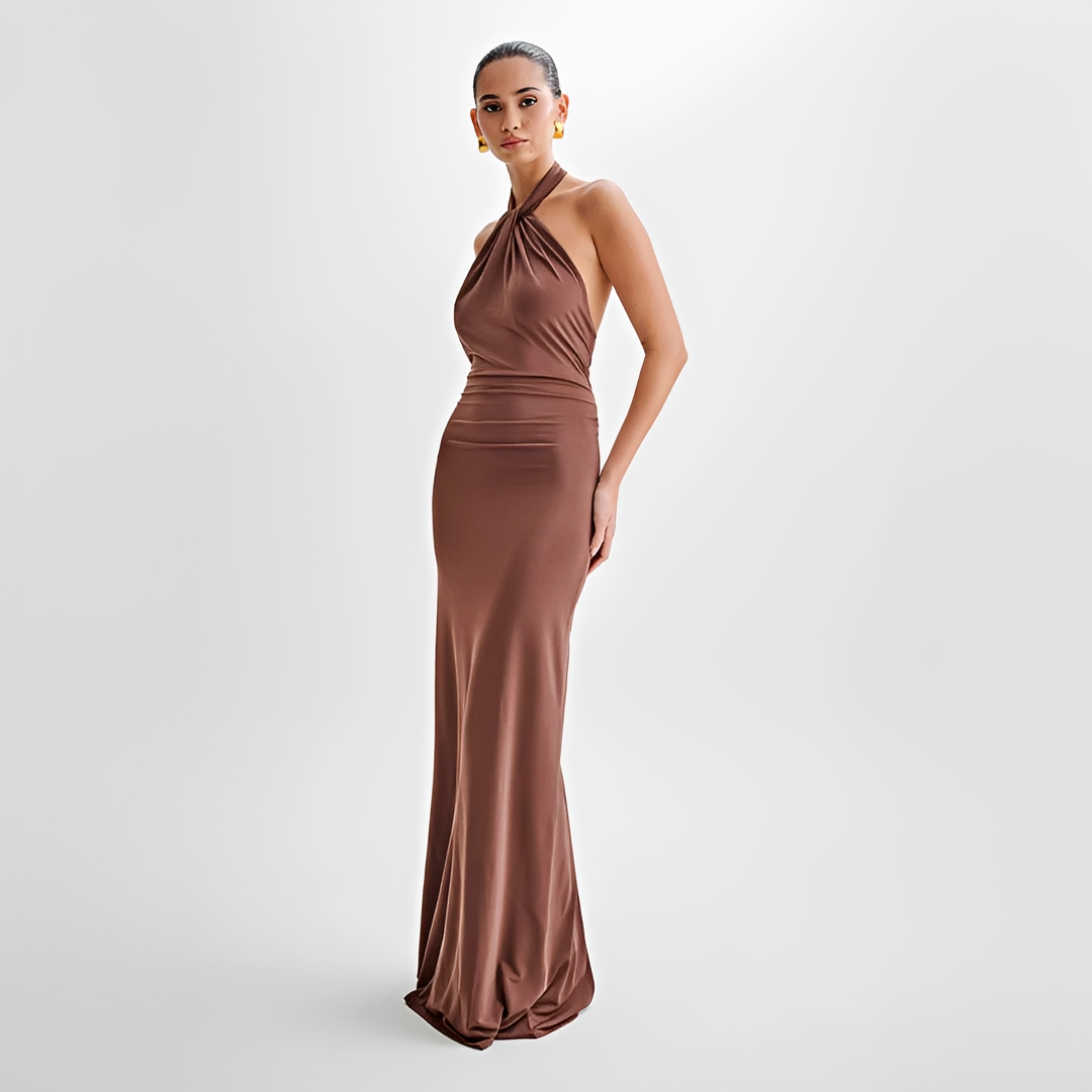 Jianna - Elegancka długa sukienka z wiązaniem przy szyi