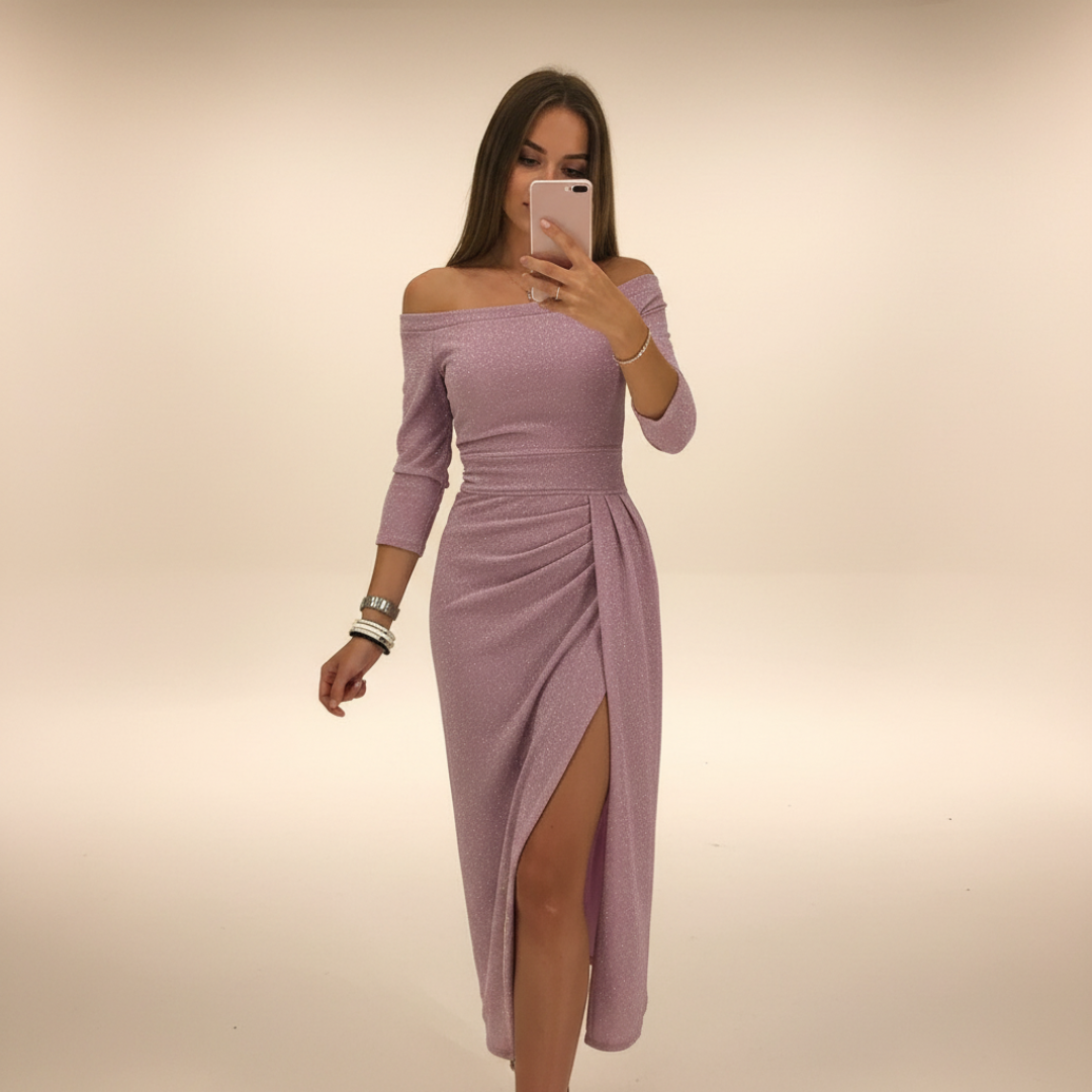 Christy - Elegancka sukienka midi z odsłoniętymi ramionami