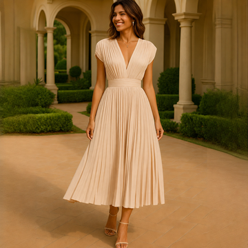 Elvira - Elegancka Midi Sukienka Plisowana z Dekoltem w Szpic