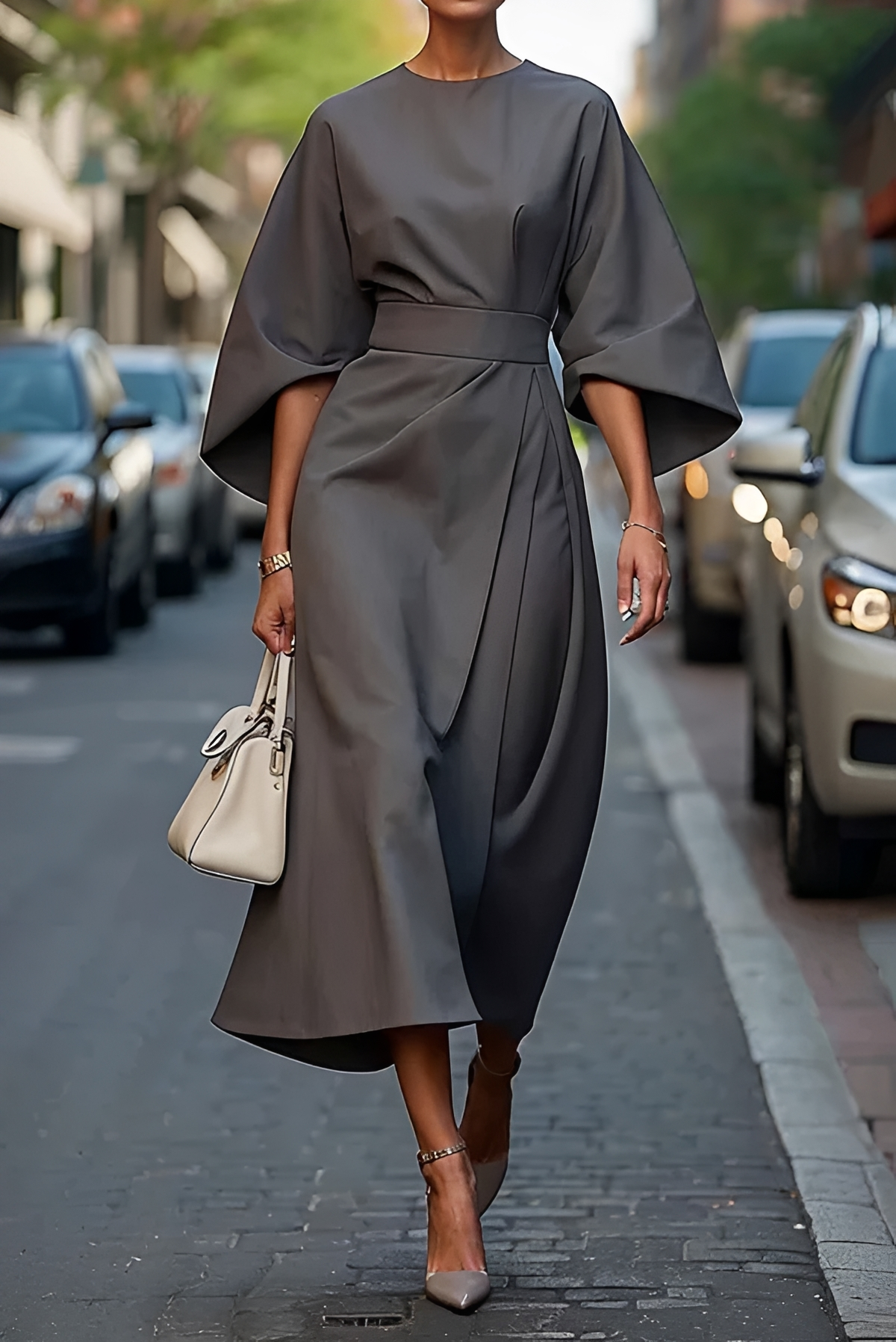 Vera - Elegancka Midi Sukienka z Paskiem