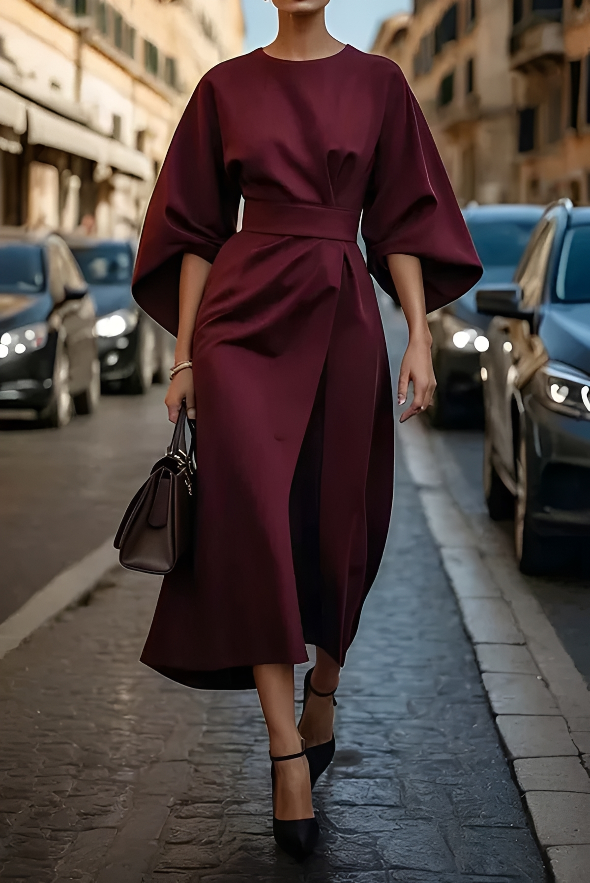 Vera - Elegancka Midi Sukienka z Paskiem