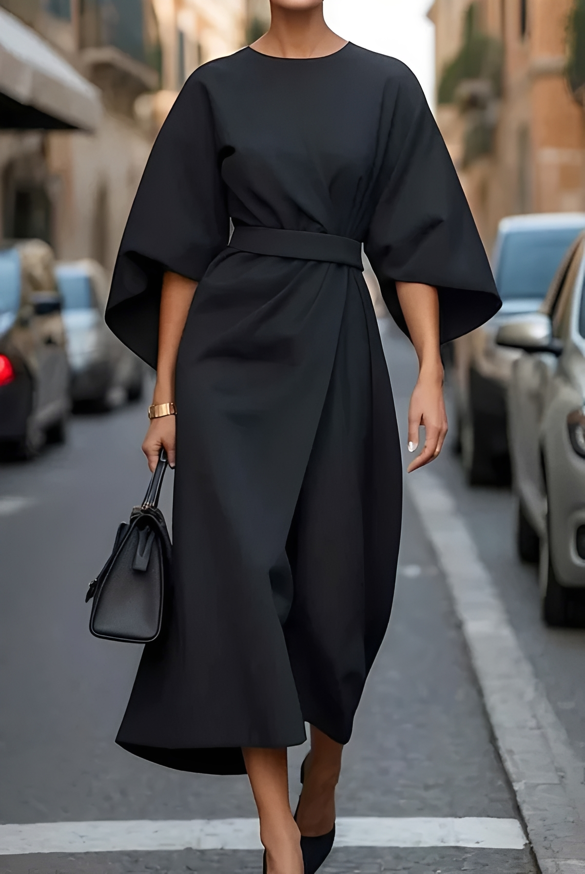 Vera - Elegancka Midi Sukienka z Paskiem