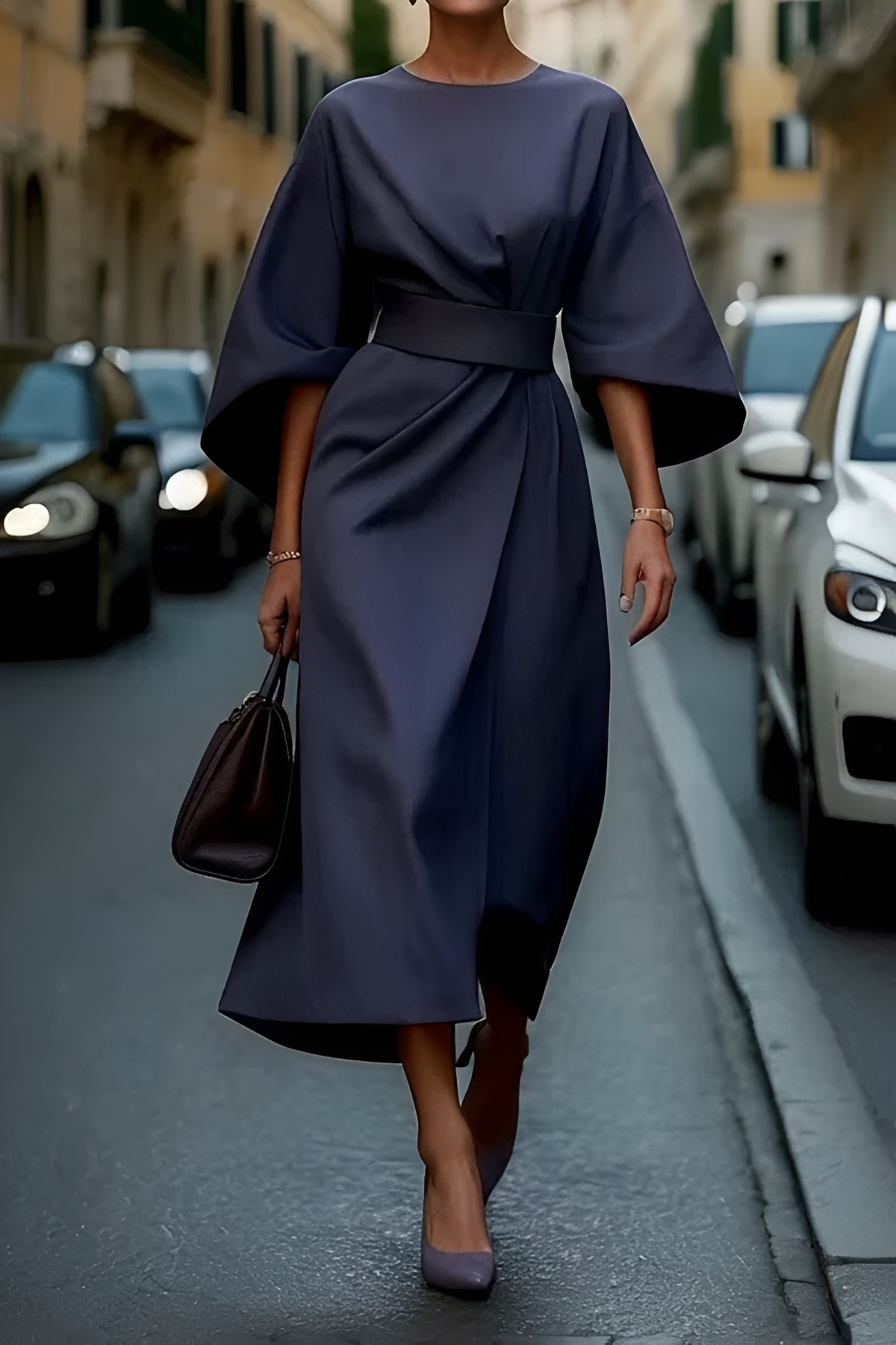 Vera - Elegancka Midi Sukienka z Paskiem
