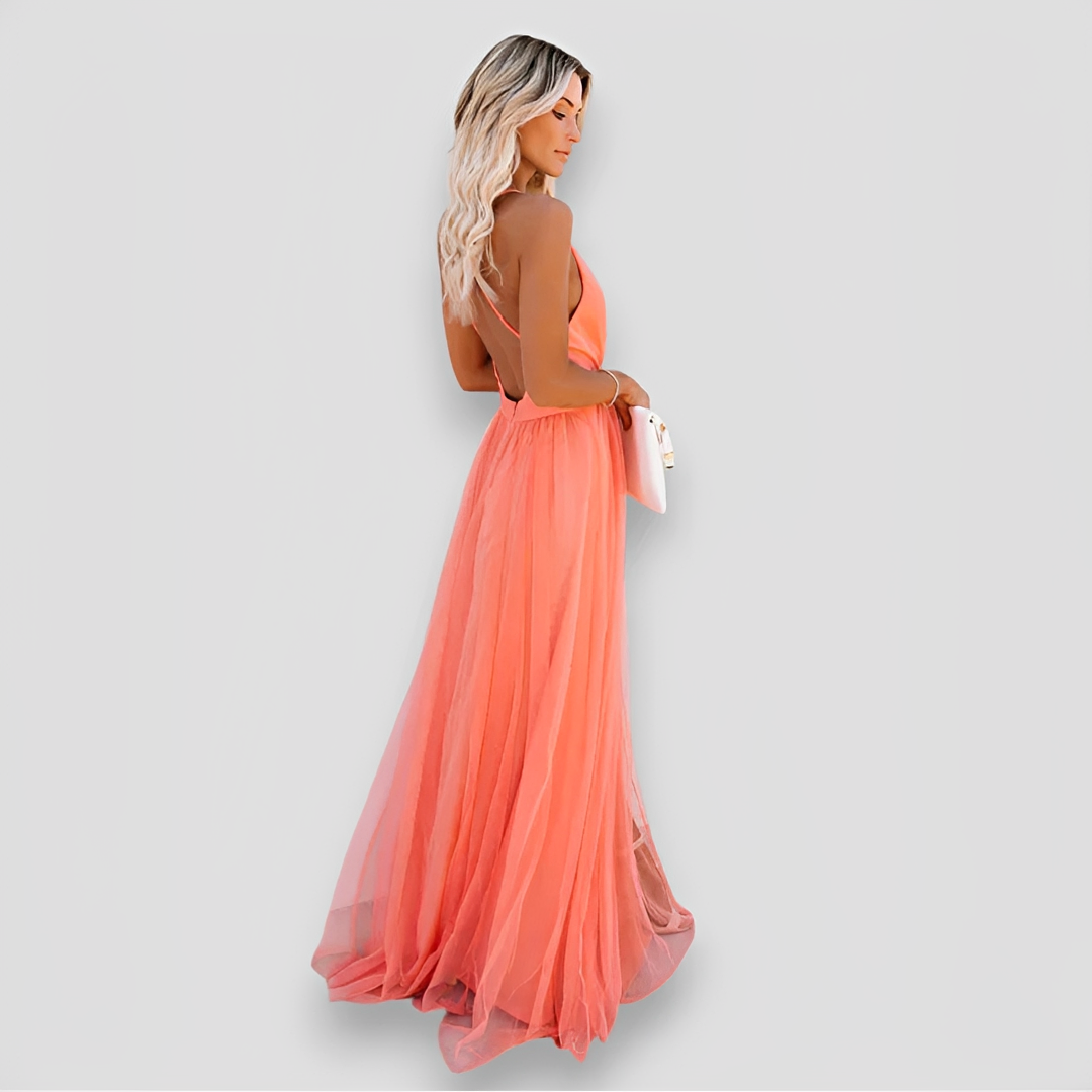 Lidia - Elegancka długa sukienka z dekoltem w serek